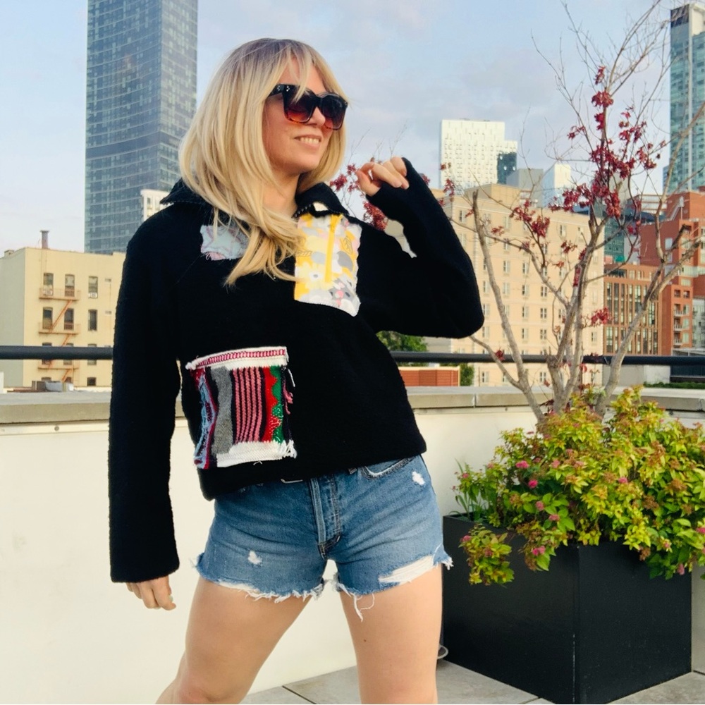 Italian Artsy Black Patchwork Turtleneck Sweater Modern Art